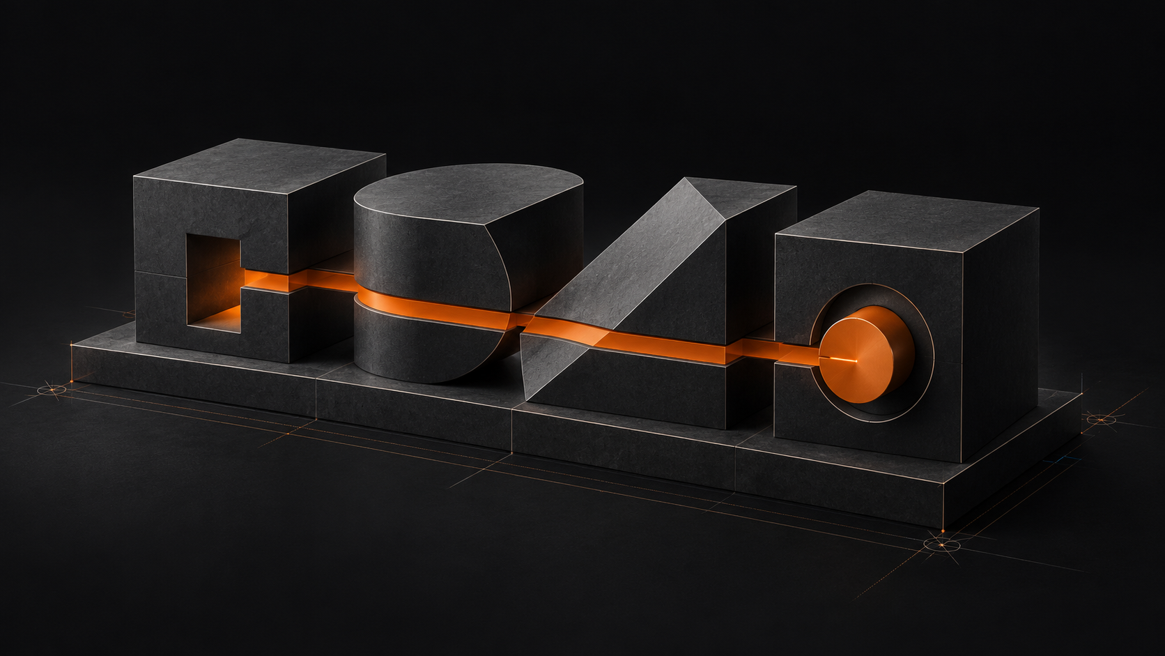 Abstract dark sculptural forms connected by an orange line.