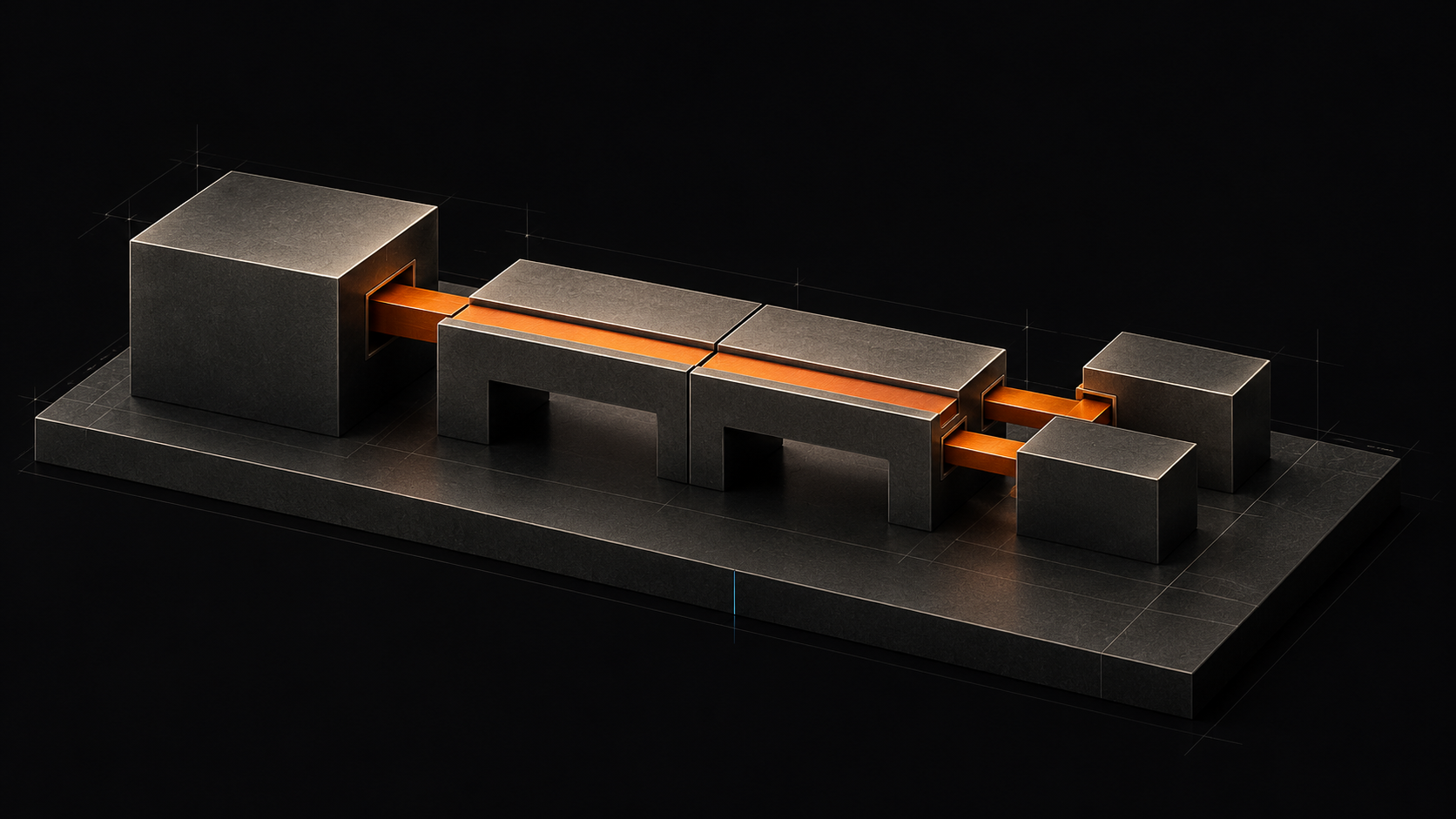 Queryon conceptual cover: a modular bridge connecting dark sculptural blocks.